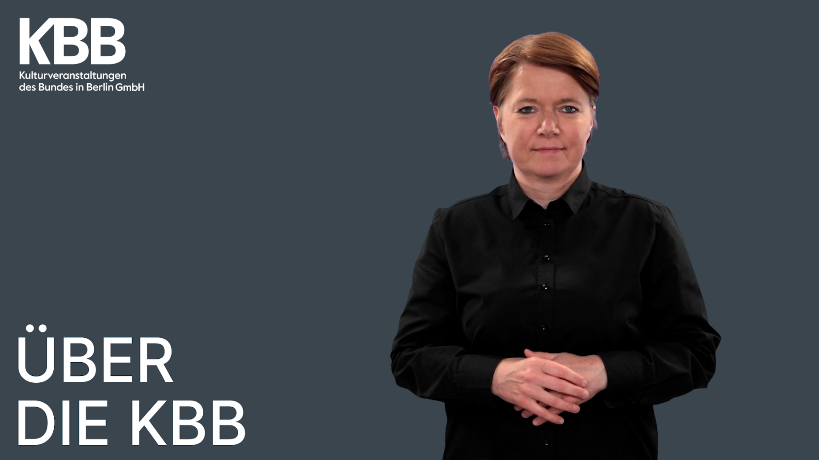 The translator Katja Fischer in front of a grey background. The words "About KBB" are superimposed on the bottom left.
