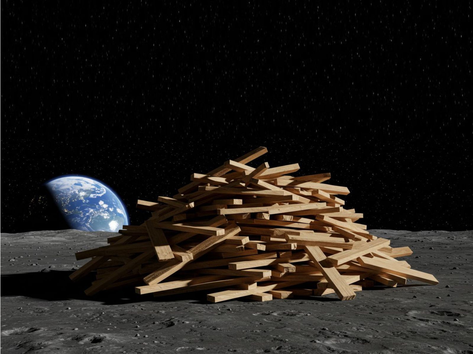 Auf der Oberfläche des Mondes liegt ein Haufen Holzbretter. Im Hintergrund die Erde.